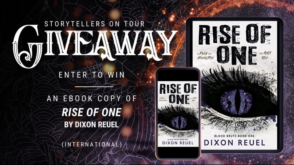 Graphic of Storytellers On Tour ebook giveaway of Rise of One. Shows cover on smart phone and on tablet.